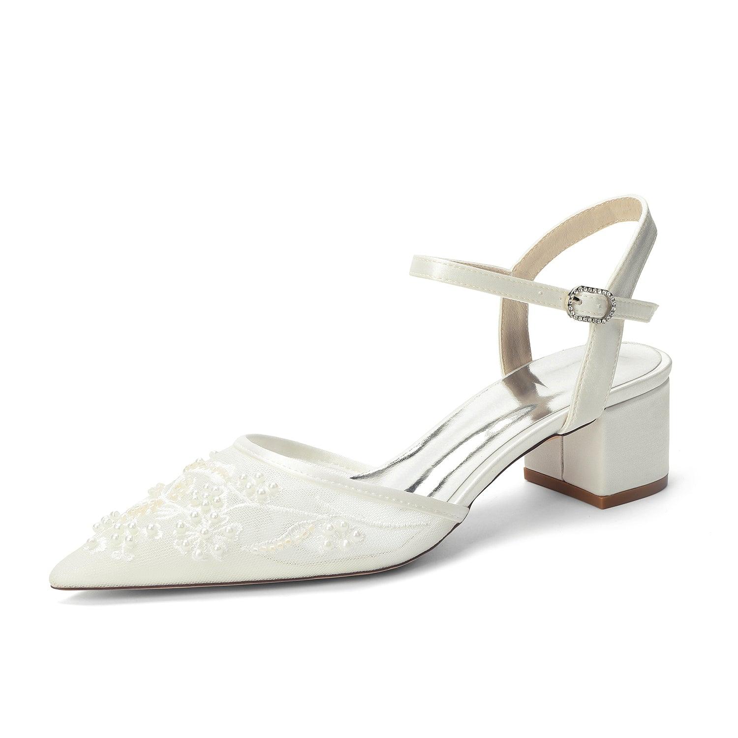 Block Heel 4.5cm Lace Silk-Like Pearl Embroidered Mesh Shoes CK0490 - 10 Days / Ivory / 35 - COCOMELODY